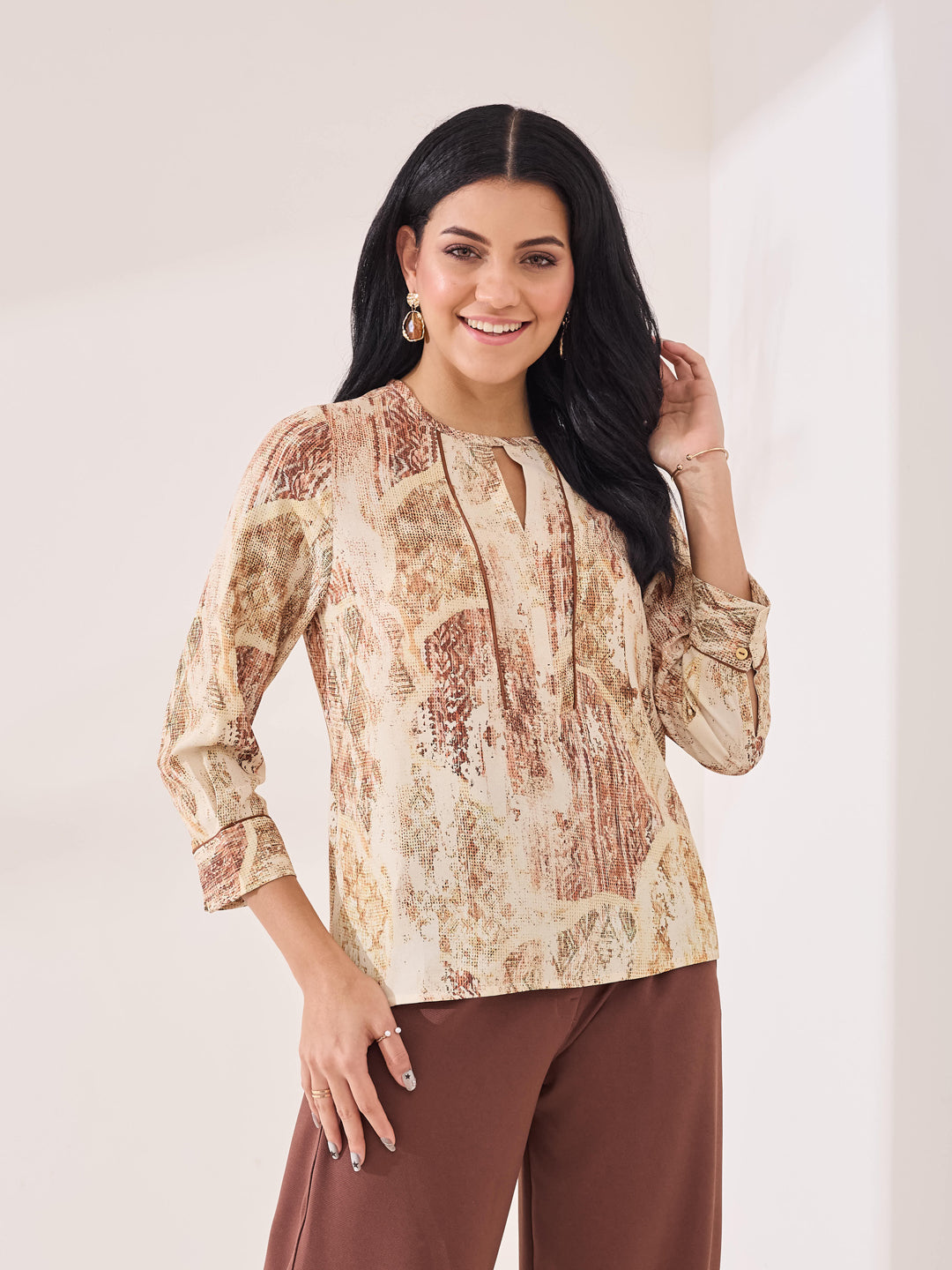 Latin Quarters Women's Beige Printed 3/4th Sleeve Round Neck Casual Top