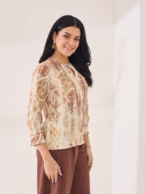 Latin Quarters Women's Beige Printed 3/4th Sleeve Round Neck Casual Top