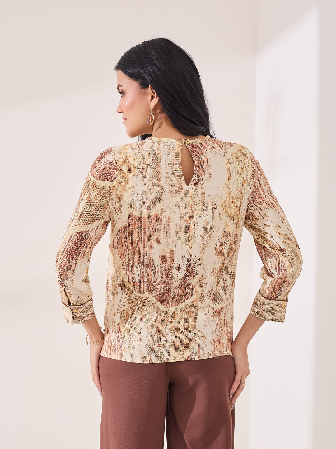 Latin Quarters Women's Beige Printed 3/4th Sleeve Round Neck Casual Top