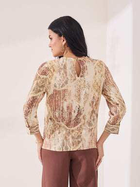 Latin Quarters Women's Beige Printed 3/4th Sleeve Round Neck Casual Top