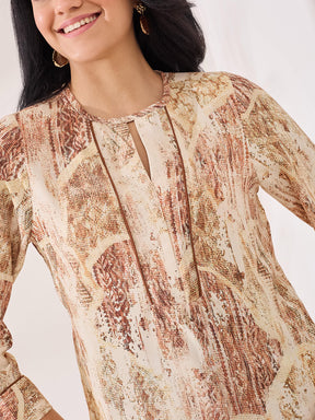 Latin Quarters Women's Beige Printed 3/4th Sleeve Round Neck Casual Top