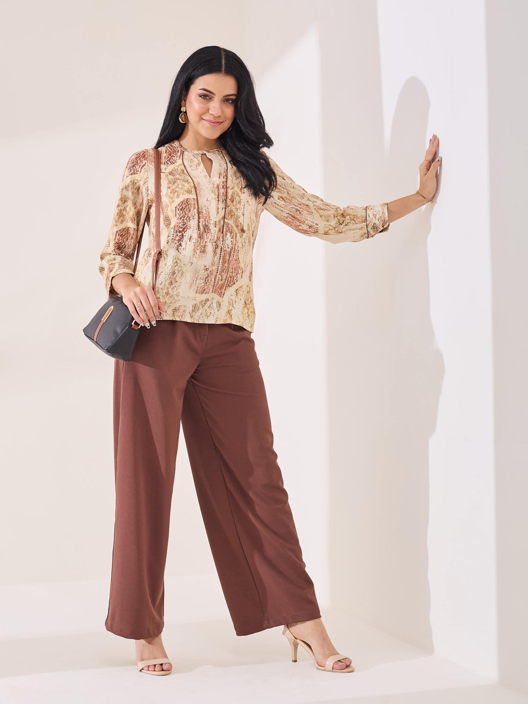 Latin Quarters Women's Beige Printed 3/4th Sleeve Round Neck Casual Top