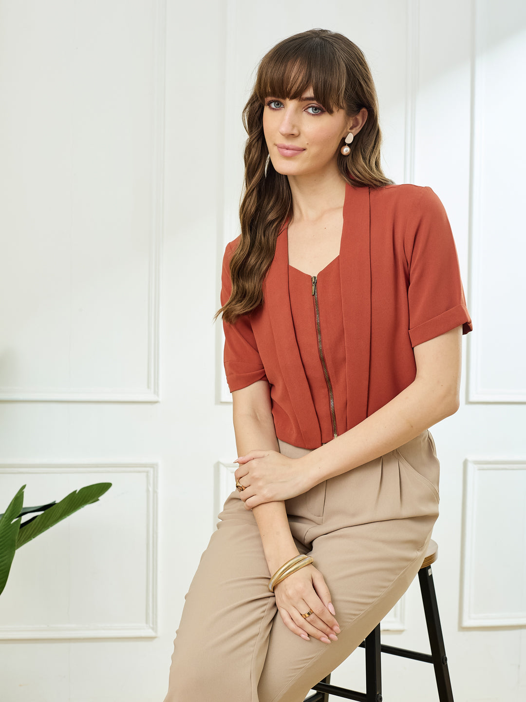 Latin Quarters Women's Rust Half Sleeves V-Neck Casual Solid Top