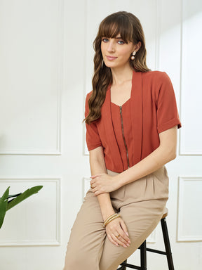 Latin Quarters Women's Rust Half Sleeves V-Neck Casual Solid Top