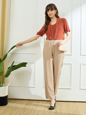 Latin Quarters Women's Rust Half Sleeves V-Neck Casual Solid Top