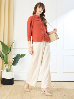 Latin Quarters Women's Rust 3/4th Sleeves Collar Neck Casual Solid Shirt