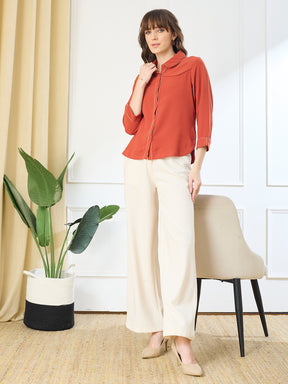 Latin Quarters Women's Rust 3/4th Sleeves Collar Neck Casual Solid Shirt