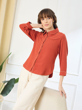 Latin Quarters Women's Rust 3/4th Sleeves Collar Neck Casual Solid Shirt