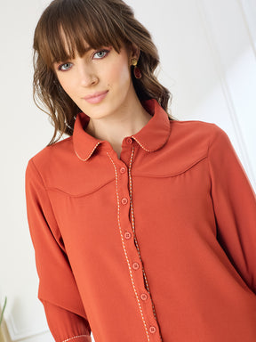 Latin Quarters Women's Rust 3/4th Sleeves Collar Neck Casual Solid Shirt