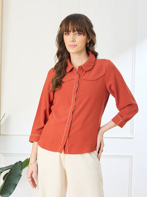 Latin Quarters Women's Rust 3/4th Sleeves Collar Neck Casual Solid Shirt
