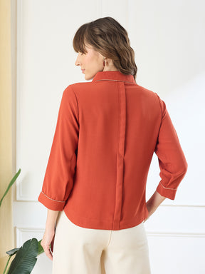 Latin Quarters Women's Rust 3/4th Sleeves Collar Neck Casual Solid Shirt