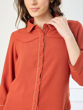 Latin Quarters Women's Rust 3/4th Sleeves Collar Neck Casual Solid Shirt
