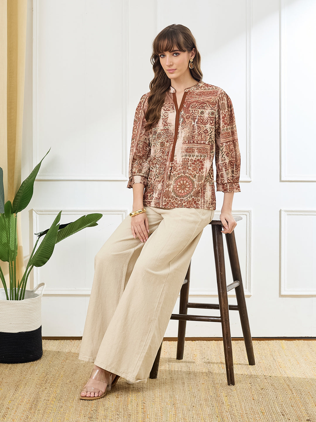 Latin Quarters Women's Rust 3/4th Sleeves Mandarin Neck Casual Printed Tunic