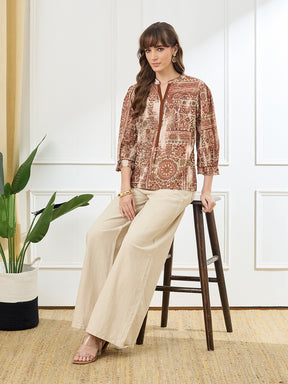 Latin Quarters Women's Rust 3/4th Sleeves Mandarin Neck Casual Printed Tunic