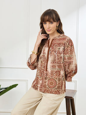 Latin Quarters Women's Rust 3/4th Sleeves Mandarin Neck Casual Printed Tunic