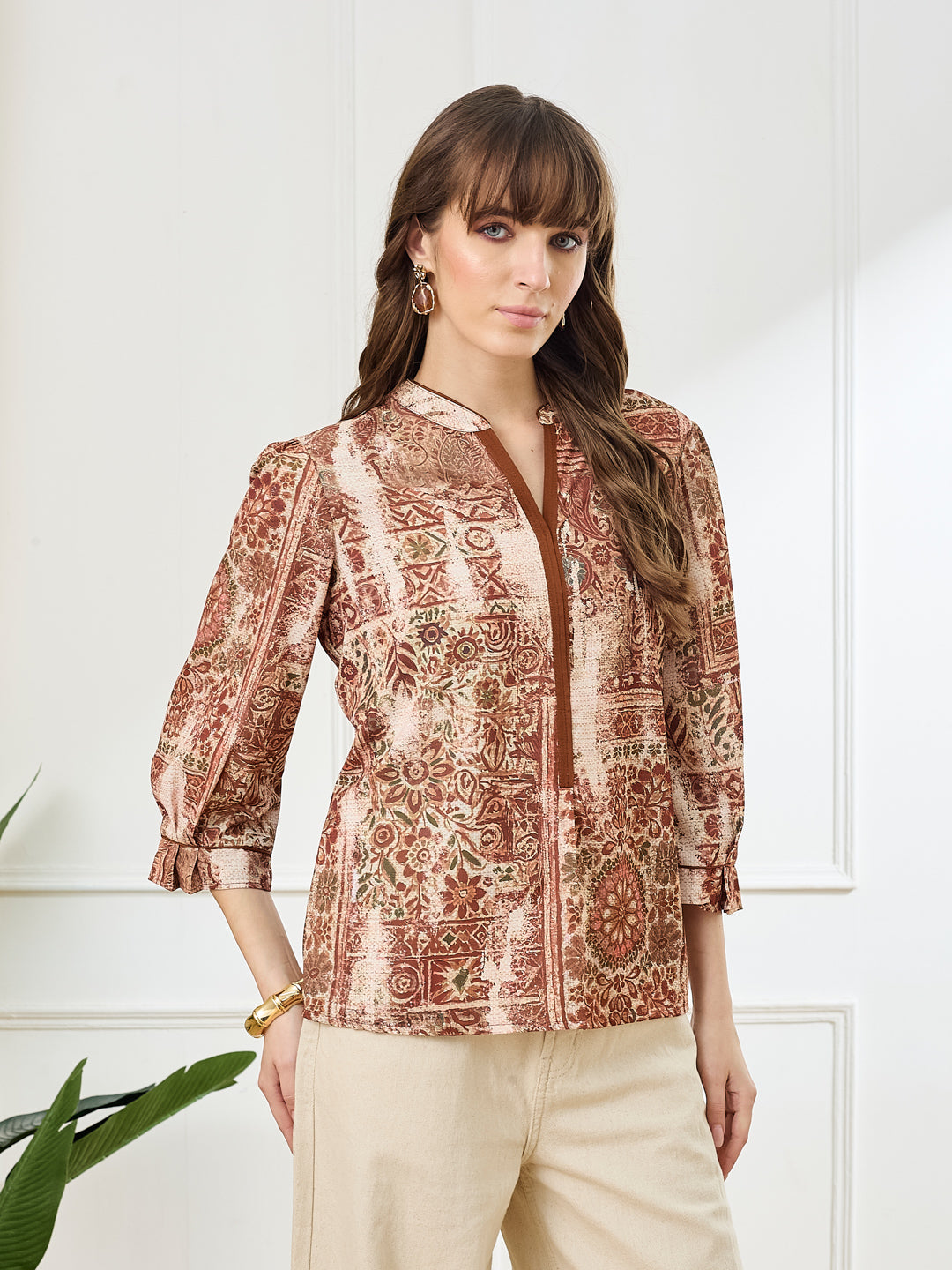 Latin Quarters Women's Rust 3/4th Sleeves Mandarin Neck Casual Printed Tunic