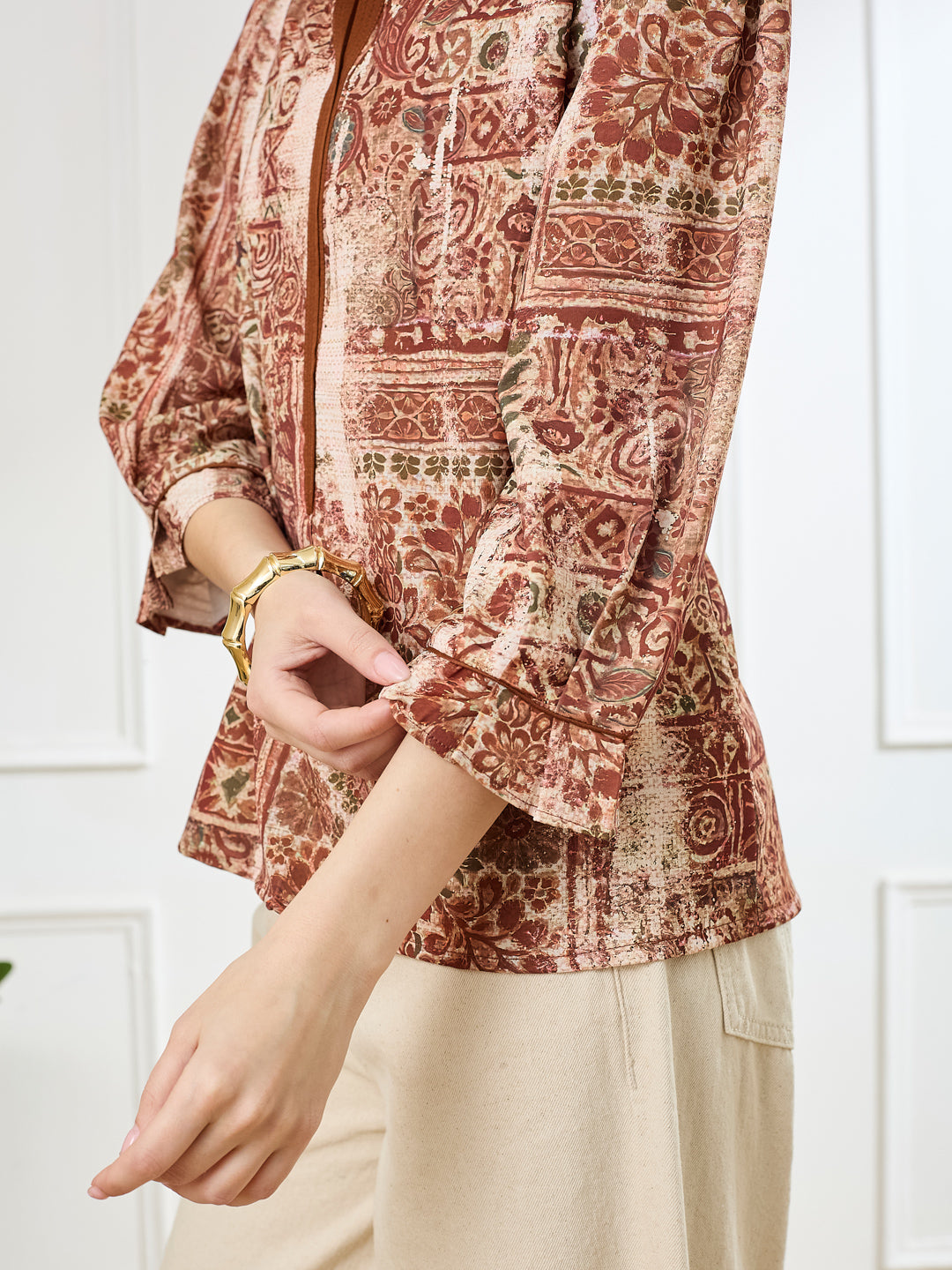 Latin Quarters Women's Rust 3/4th Sleeves Mandarin Neck Casual Printed Tunic