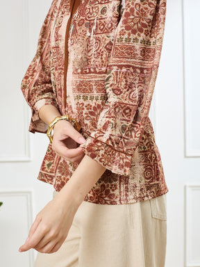 Latin Quarters Women's Rust 3/4th Sleeves Mandarin Neck Casual Printed Tunic