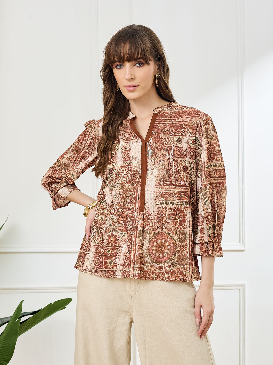 Latin Quarters Women's Rust 3/4th Sleeves Mandarin Neck Casual Printed Tunic