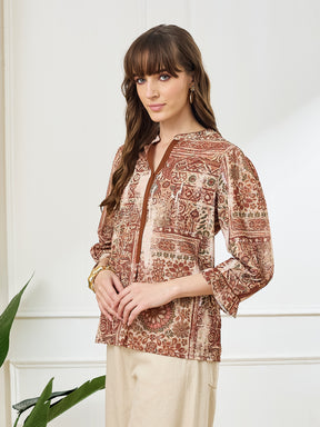 Latin Quarters Women's Rust 3/4th Sleeves Mandarin Neck Casual Printed Tunic