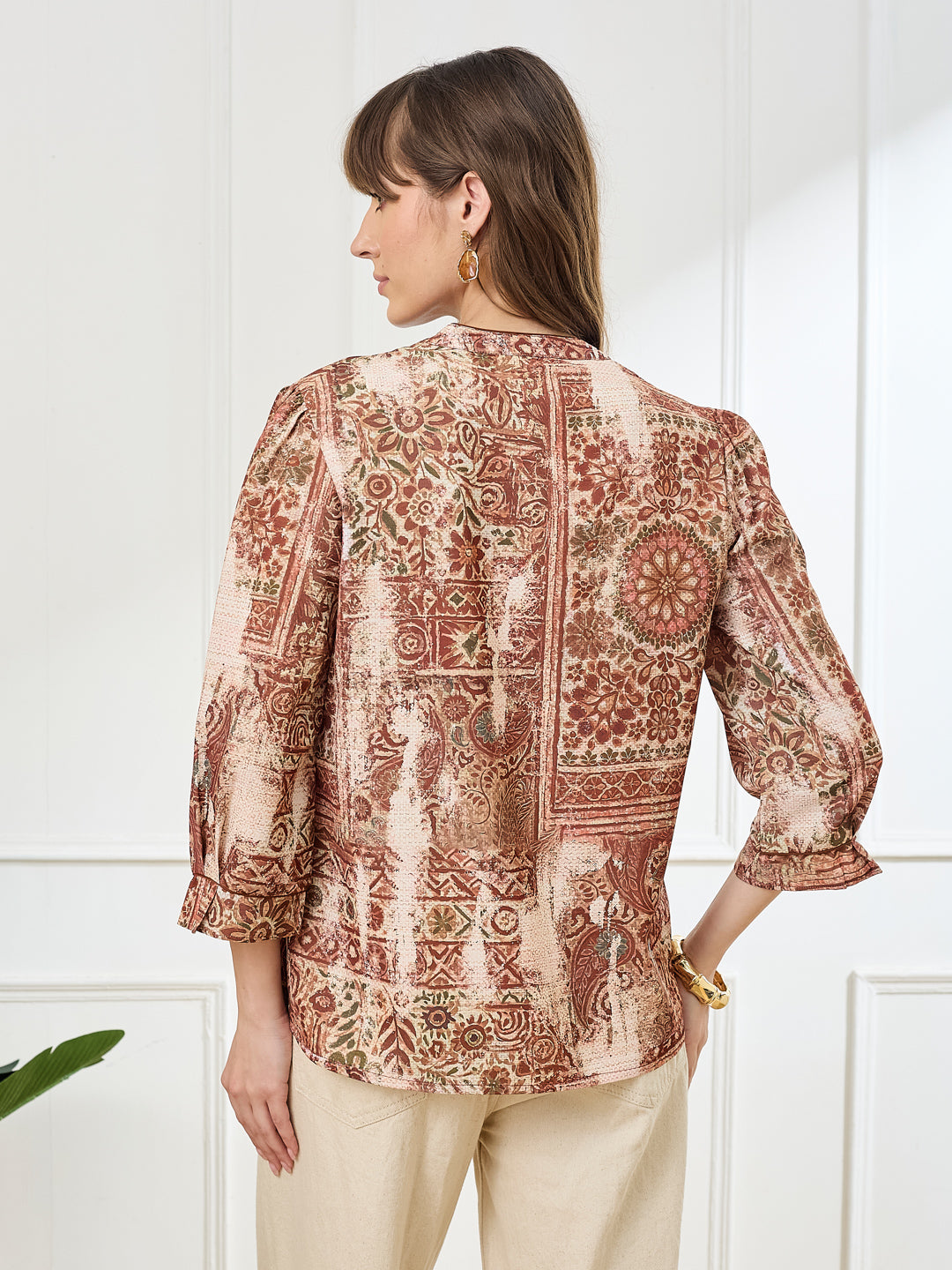 Latin Quarters Women's Rust 3/4th Sleeves Mandarin Neck Casual Printed Tunic