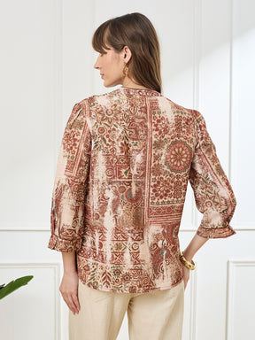 Latin Quarters Women's Rust 3/4th Sleeves Mandarin Neck Casual Printed Tunic