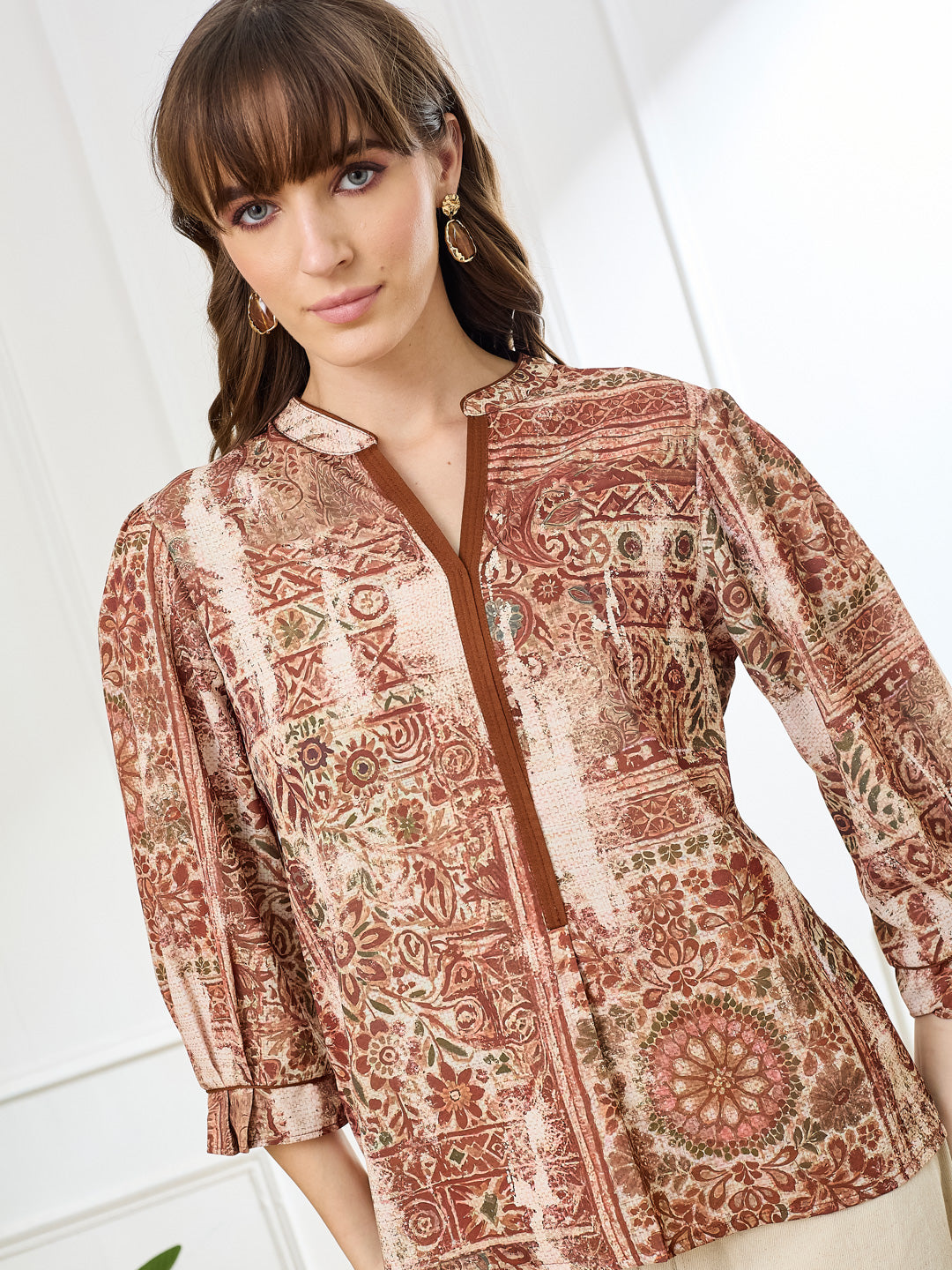 Latin Quarters Women's Rust 3/4th Sleeves Mandarin Neck Casual Printed Tunic