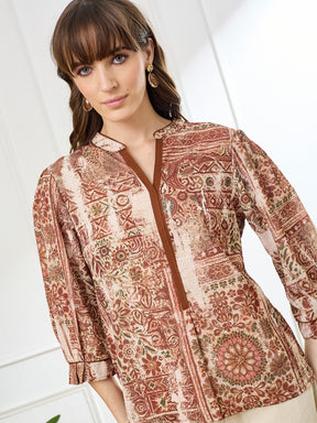 Latin Quarters Women's Rust 3/4th Sleeves Mandarin Neck Casual Printed Tunic