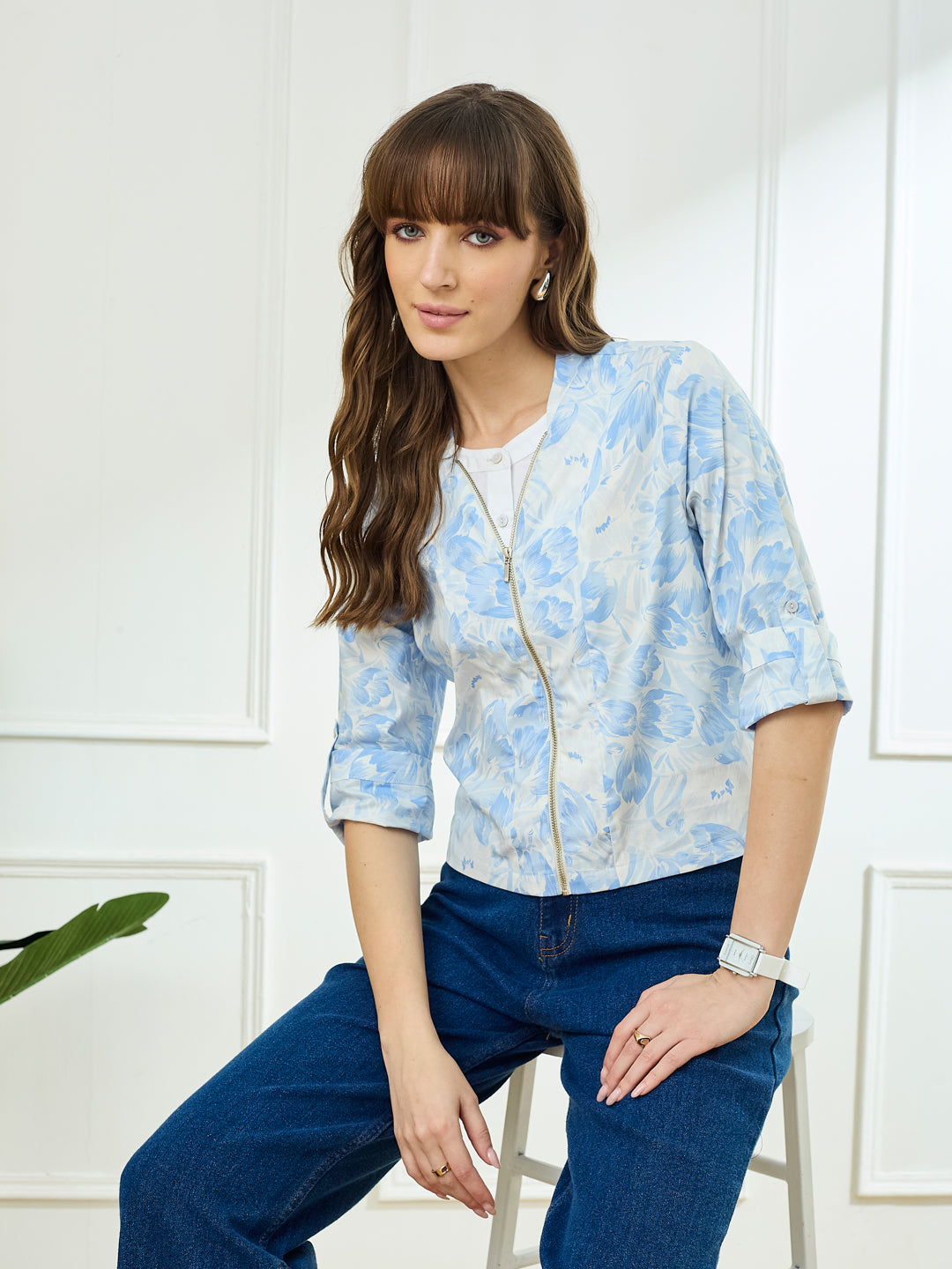 Latin Quarters Women's Blue 3/4th Sleeves Stand Collar Casual Printed Top
