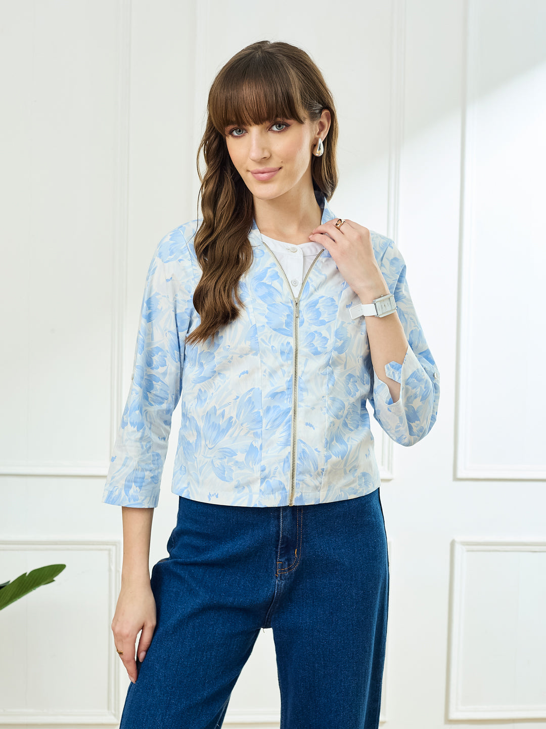 Latin Quarters Women's Blue 3/4th Sleeves Stand Collar Casual Printed Top