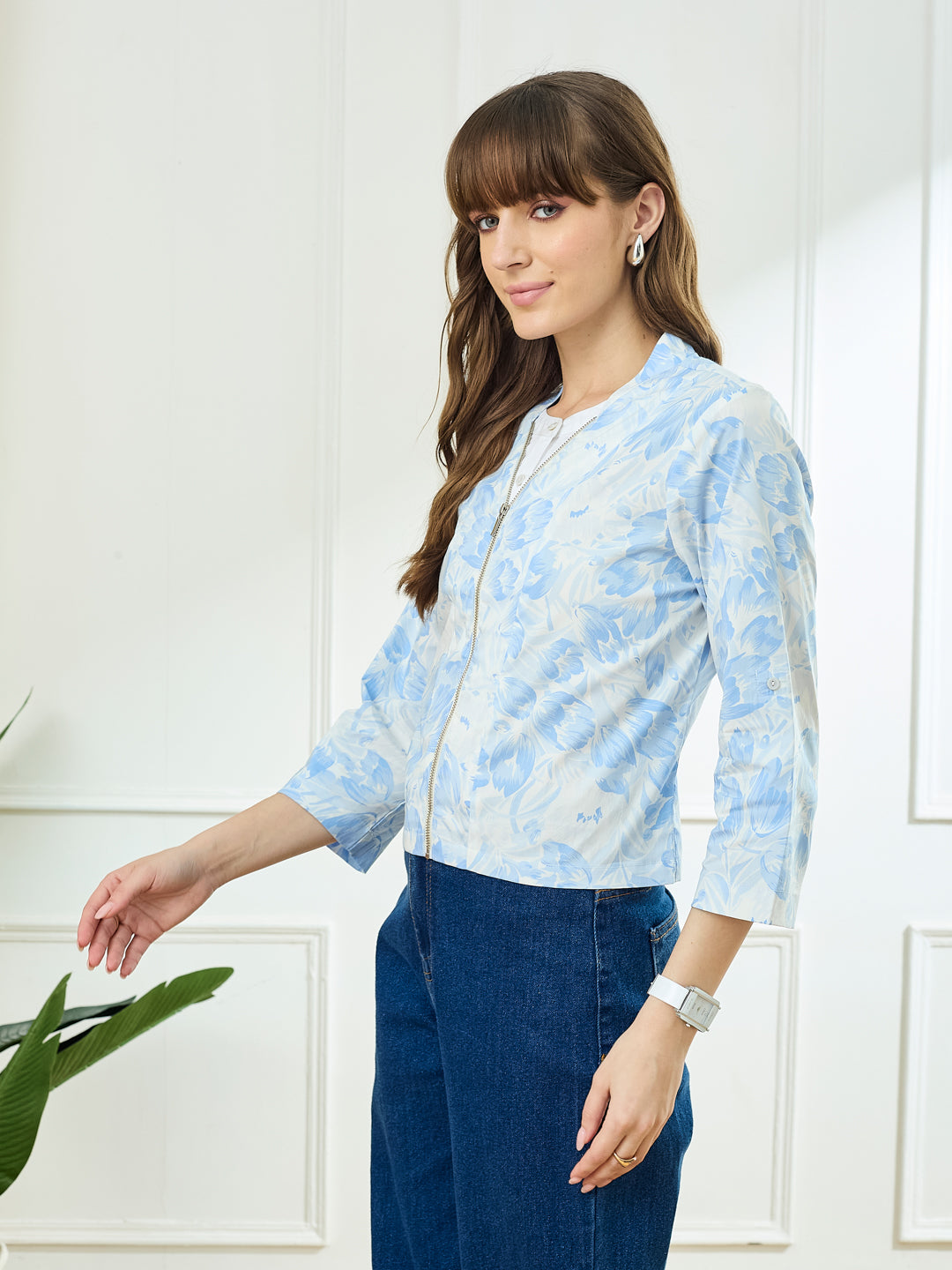 Latin Quarters Women's Blue 3/4th Sleeves Stand Collar Casual Printed Top