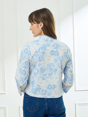 Latin Quarters Women's Blue 3/4th Sleeves Stand Collar Casual Printed Top