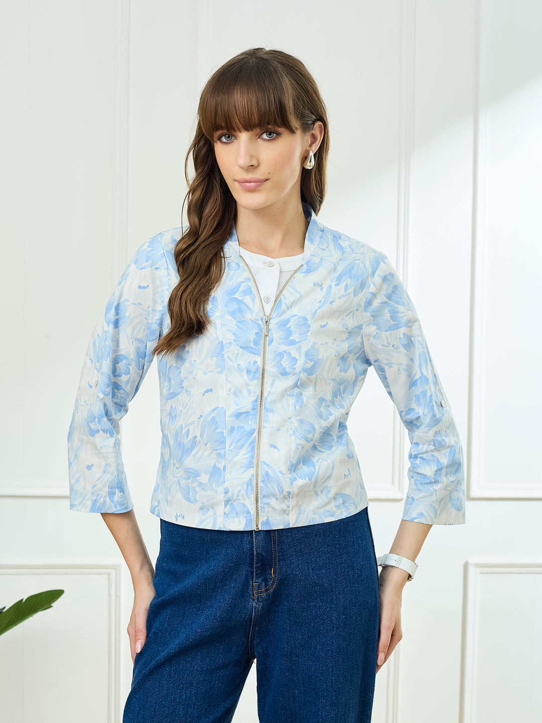 Latin Quarters Women's Blue 3/4th Sleeves Stand Collar Casual Printed Top