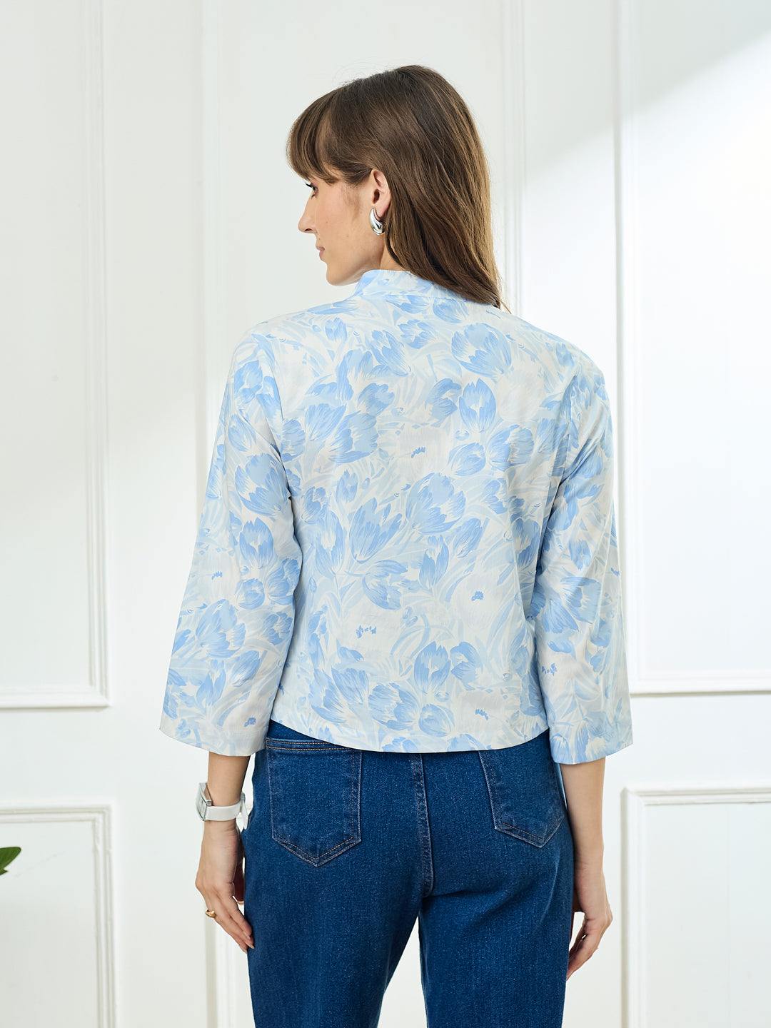 Latin Quarters Women's Blue 3/4th Sleeves Stand Collar Casual Printed Top