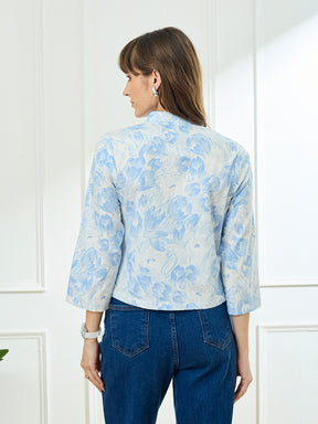 Latin Quarters Women's Blue 3/4th Sleeves Stand Collar Casual Printed Top