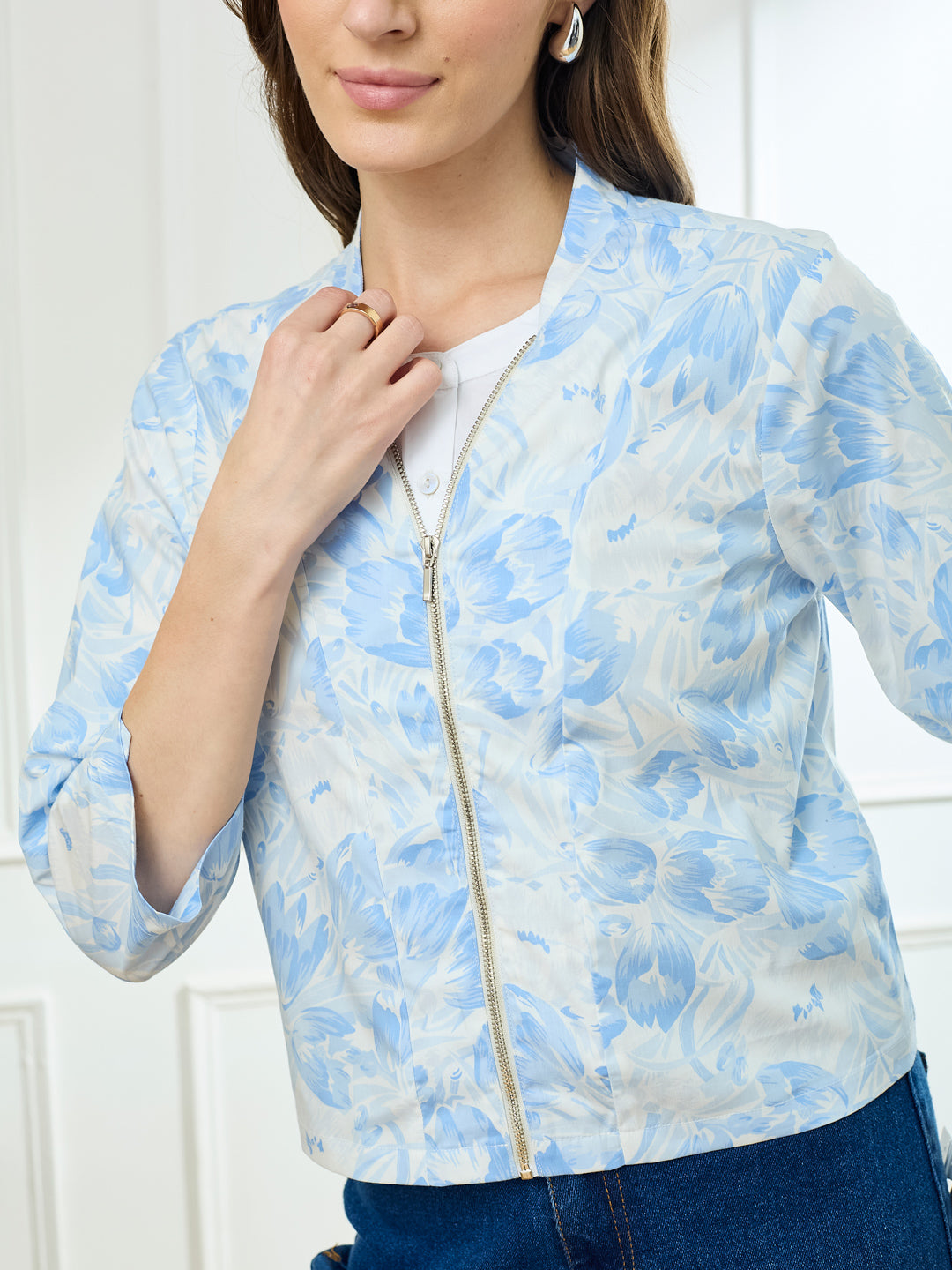 Latin Quarters Women's Blue 3/4th Sleeves Stand Collar Casual Printed Top