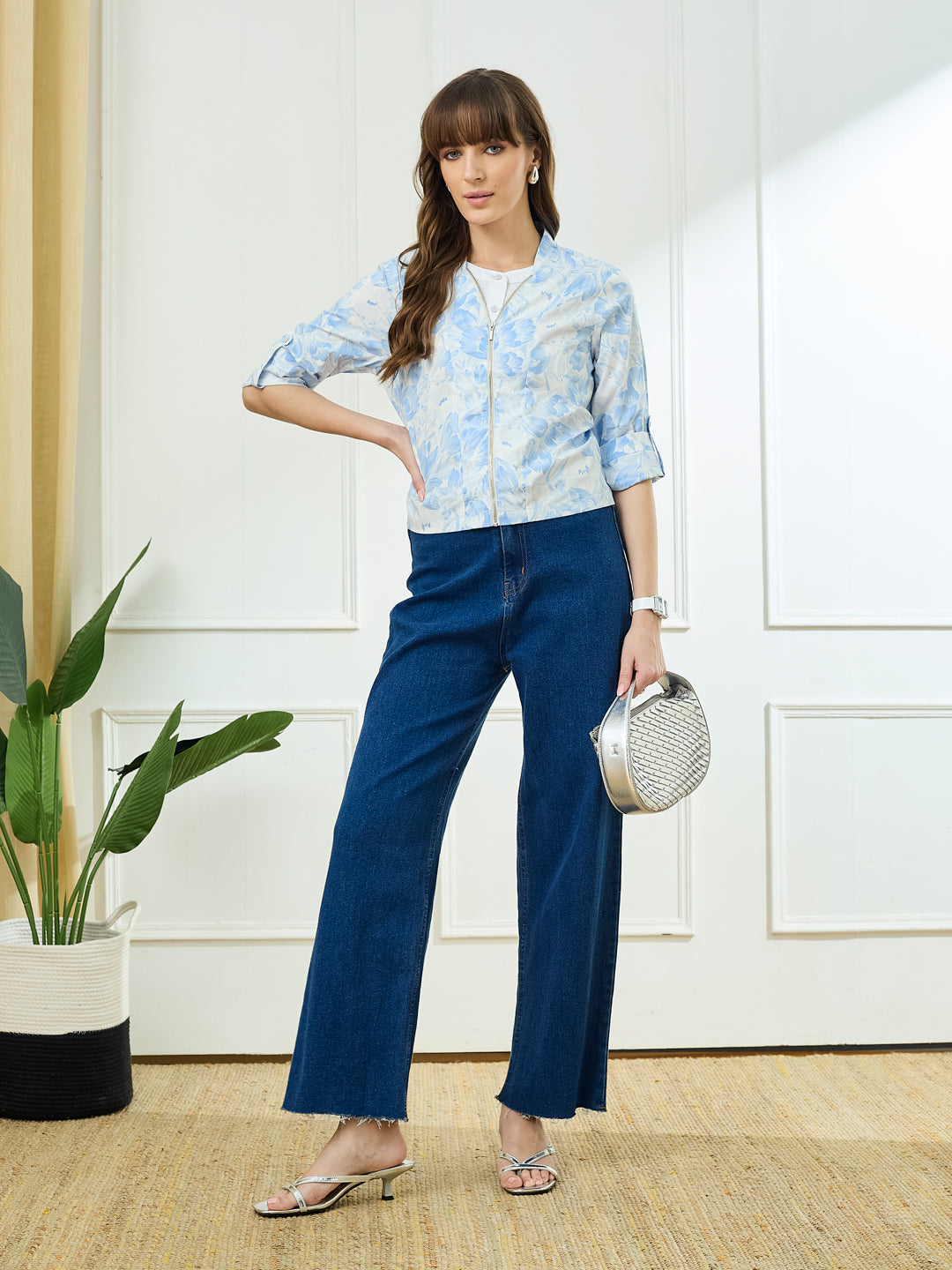 Latin Quarters Women's Blue 3/4th Sleeves Stand Collar Casual Printed Top