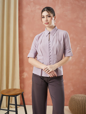 Latin Quarters Women's Pink Half Sleeves Solid Collared Casual Shirt
