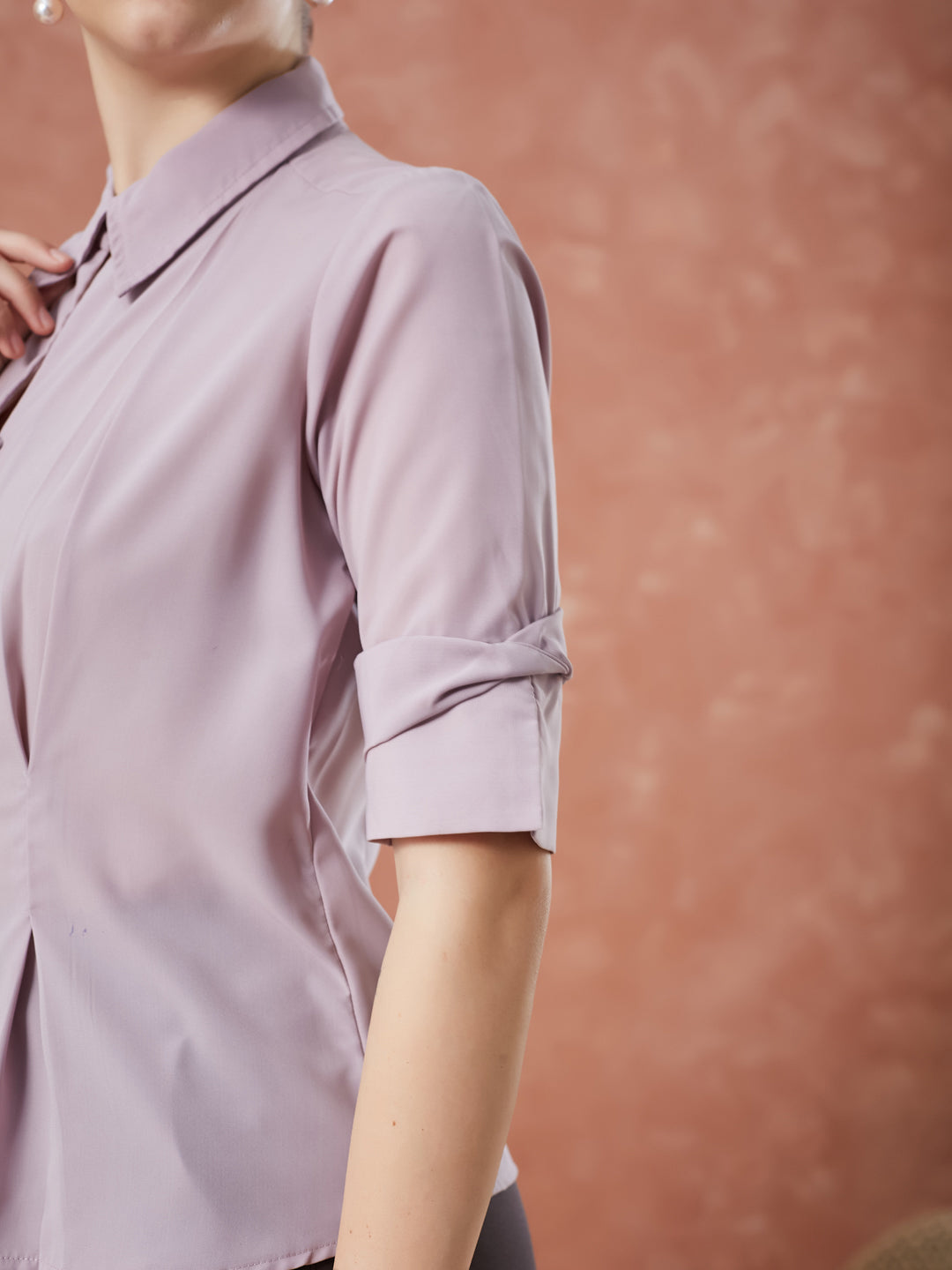 Latin Quarters Women's Pink Half Sleeves Solid Collared Casual Shirt
