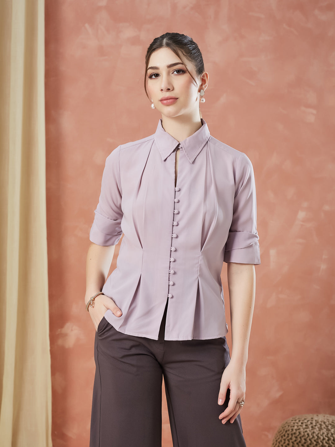 Latin Quarters Women's Pink Half Sleeves Solid Collared Casual Shirt