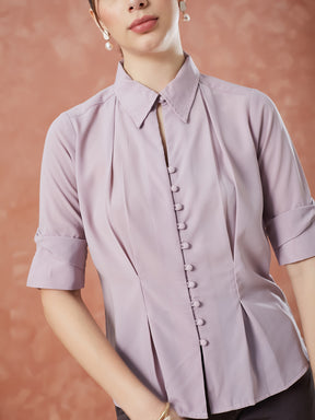 Latin Quarters Women's Pink Half Sleeves Solid Collared Casual Shirt