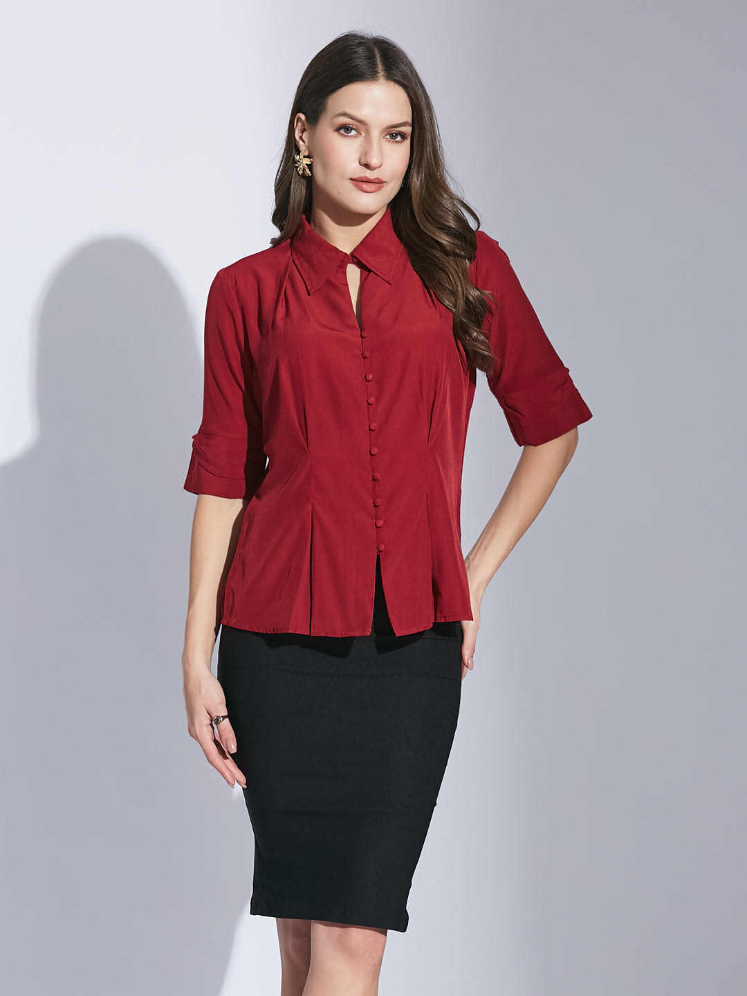 Latin Quarters Women's Maroon Half Sleeves Solid Collared Casual Shirt