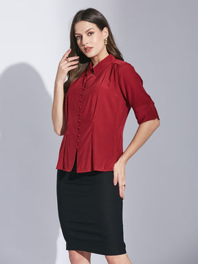 Latin Quarters Women's Maroon Half Sleeves Solid Collared Casual Shirt