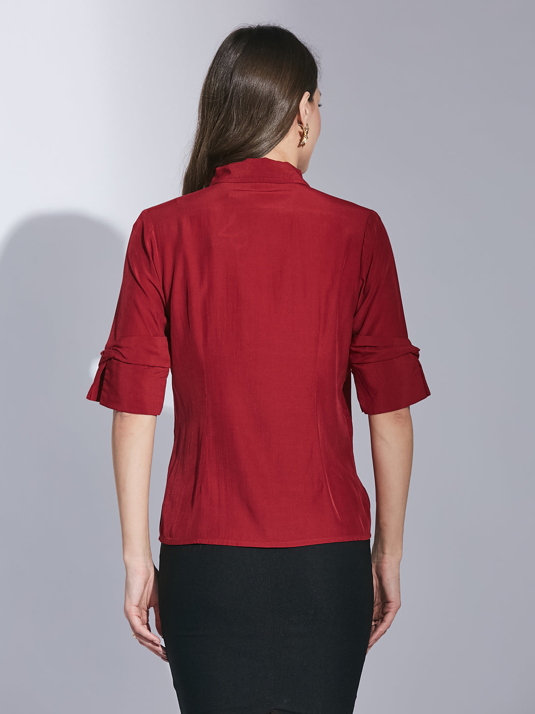 Latin Quarters Women's Maroon Half Sleeves Solid Collared Casual Shirt