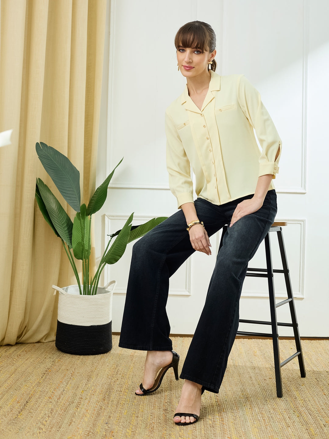 Latin Quarters Women's Yellow 3/4th Sleeves Collar Neck Casual Solid Shirt