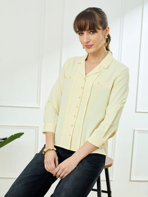 Latin Quarters Women's Yellow 3/4th Sleeves Collar Neck Casual Solid Shirt