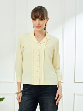 Latin Quarters Women's Yellow 3/4th Sleeves Collar Neck Casual Solid Shirt
