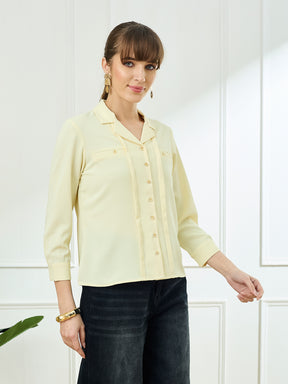 Latin Quarters Women's Yellow 3/4th Sleeves Collar Neck Casual Solid Shirt