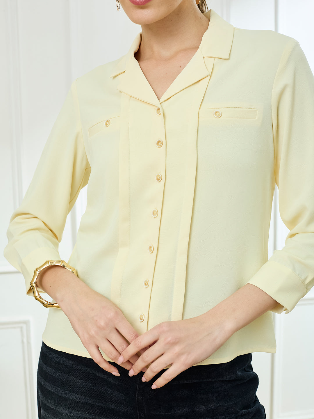 Latin Quarters Women's Yellow 3/4th Sleeves Collar Neck Casual Solid Shirt