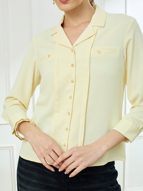 Latin Quarters Women's Yellow 3/4th Sleeves Collar Neck Casual Solid Shirt